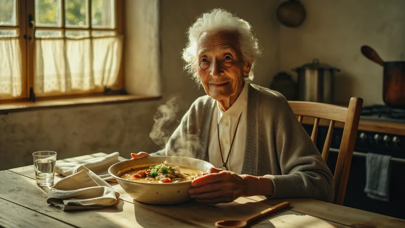 Tavolo di cucina italiana in luce mattutina con una ciotola di zuppa fumante