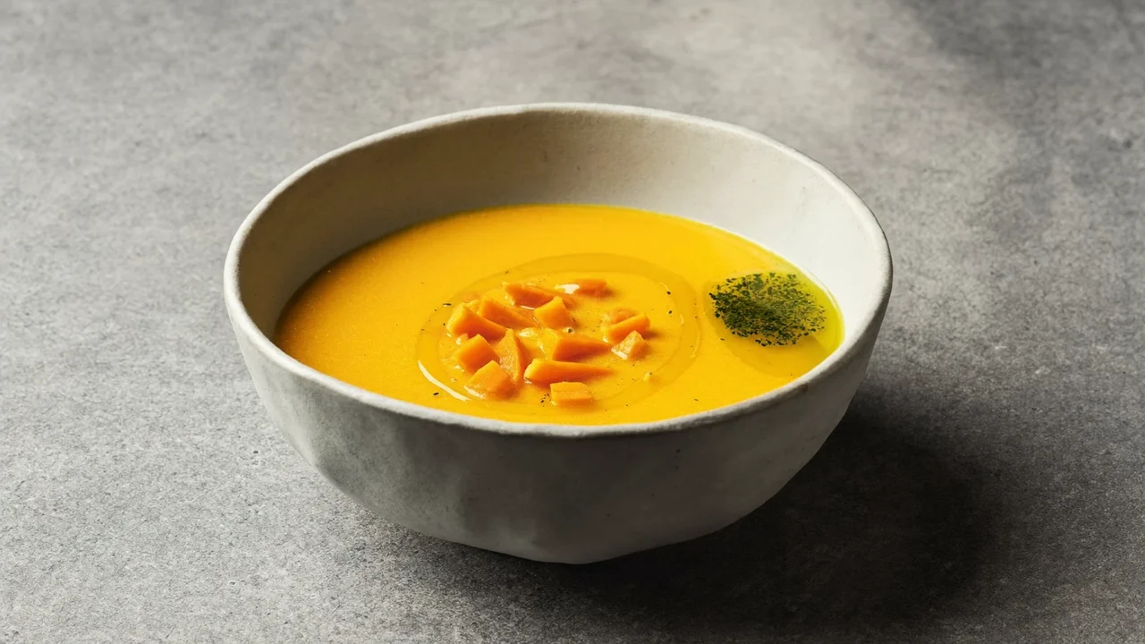 Vista dall'alto di una vellutata di zucca e carote su pietra scura