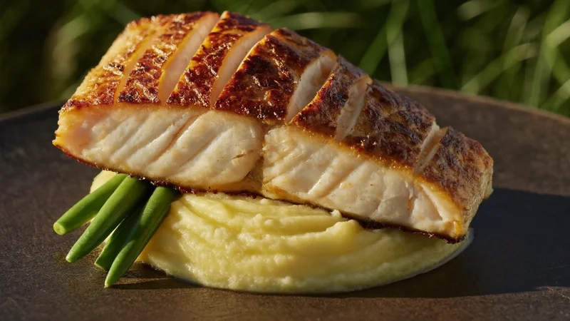 Filetto di merluzzo al forno su purè con fagiolini al vapore