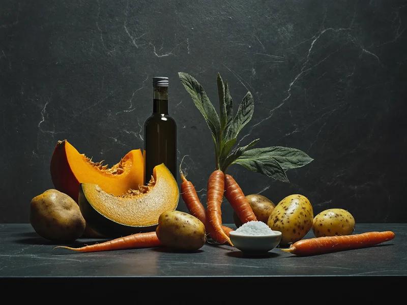 Ingredienti di stagione su un piano scuro: zucca, carote, patate, salvia, olio e sale