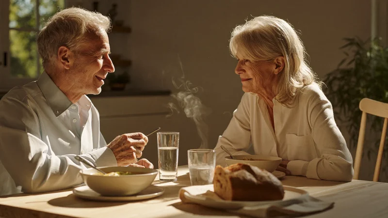 Due persone anziane condividono un pranzo di zuppa e pane a casa